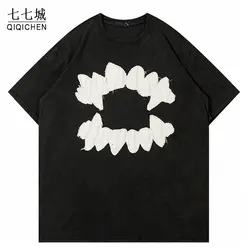 Mens Streetwear Tshirt Hip Hop Oversized Devil Monster Teeth Embroidery Patch T-Shirt 2023 Harajuku T Shirt Cotton Top Tee Black