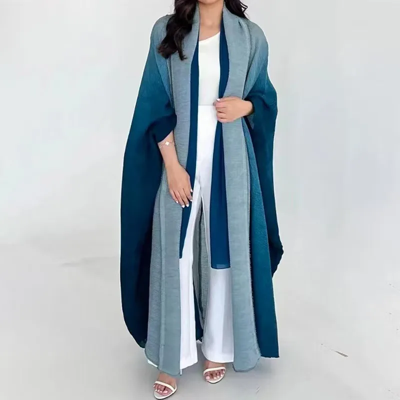 Abaya Luxury Robe Miyake Pleated Cardigan Plus Size Trench Coat Loose Elegant Scarf Neck Outer Poncho Modest Islamic Clothing