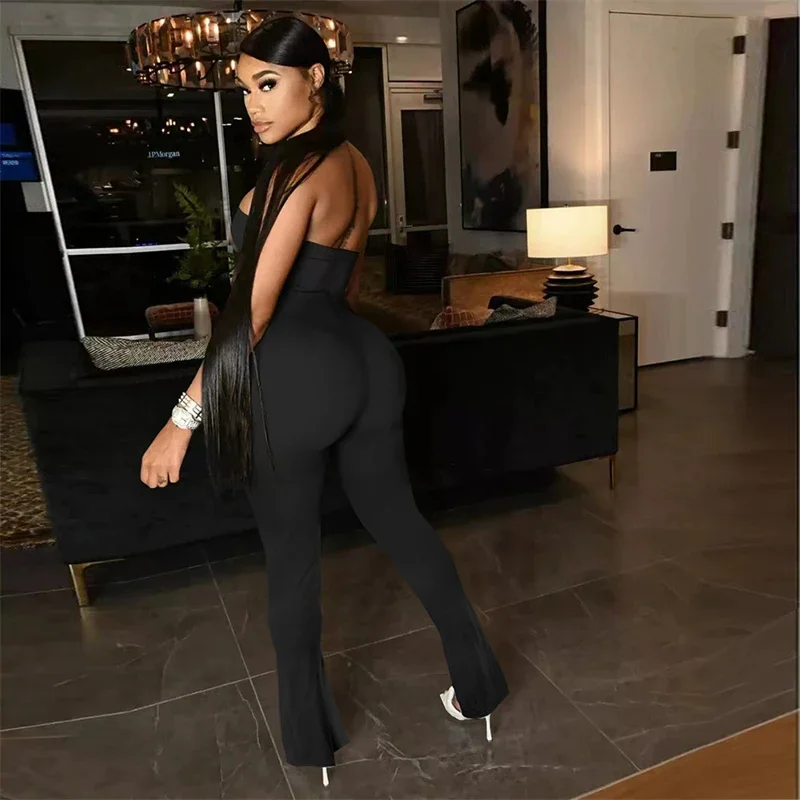 Solid Elegant Slim Flare Jumpsuits Women Sexy Strapless Split Boot Cut Pants Casual Rompers Fashion Clubwear Overalls Streetwear