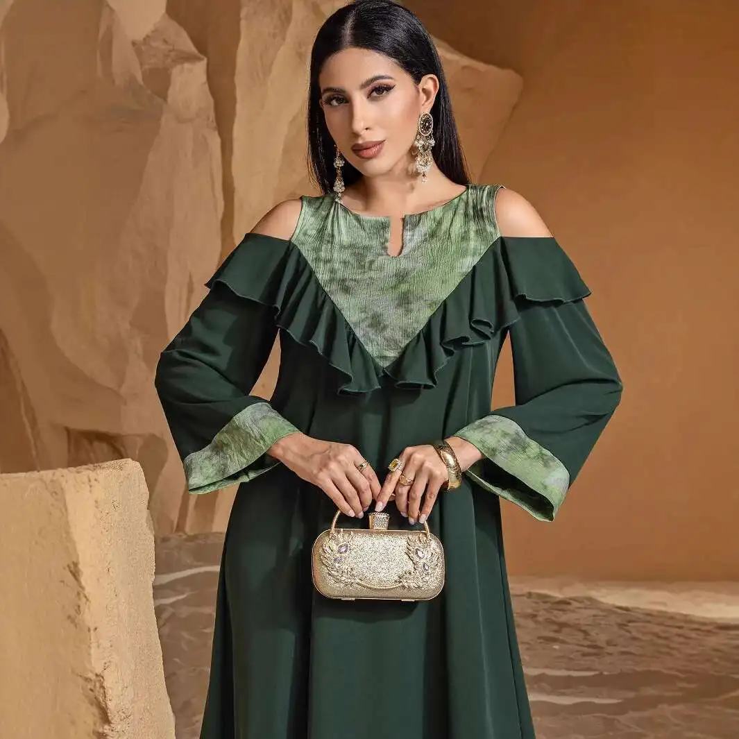 

Ba5058 New Abaya Arabic Dress Long Dress with Ruffles Off-shoulder Long Dress Robe Abaya Ramadan Dubai Luxury Islam Elegant