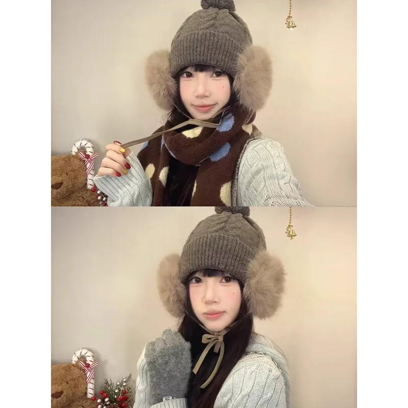 2026 Korean Retro Gray Plush Knitted Hat Women Autumn Winter Thickened Warm Face Slimming Pullover Cold-proof Hat
