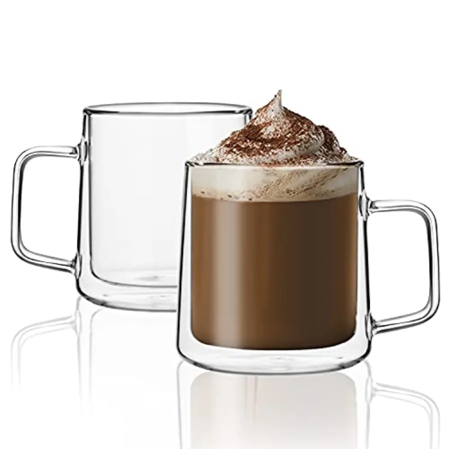 

12oz Glass Coffee Mugs, Double Wall Insulated Glass Cups with Handle, Clear Espresso Mugs for Latte, Cappuccino, Tea Bag, Set o