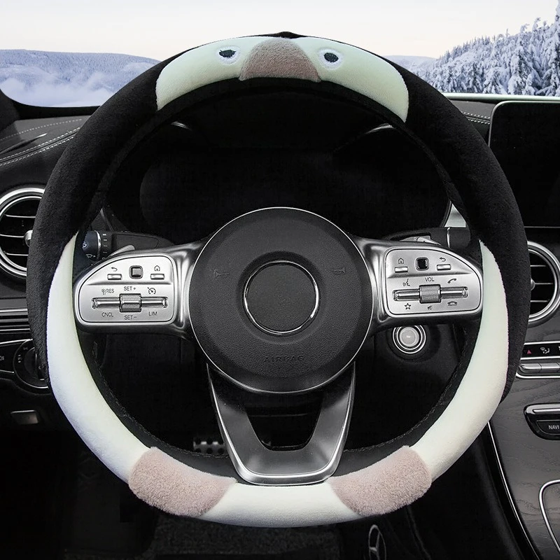 Cute Penguin Winter Plush Car Steering Wheel Cover for Ladies Warm Anti-Slip Short Plush Cartoon Handle Cover