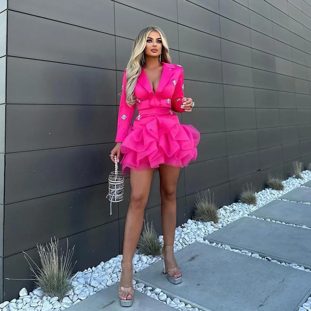 Blazer Style Pink Prom Gowns Beading Above Knee Length Custom Made Women Dresses with Sleeves Pleated Mini Short Party Dress