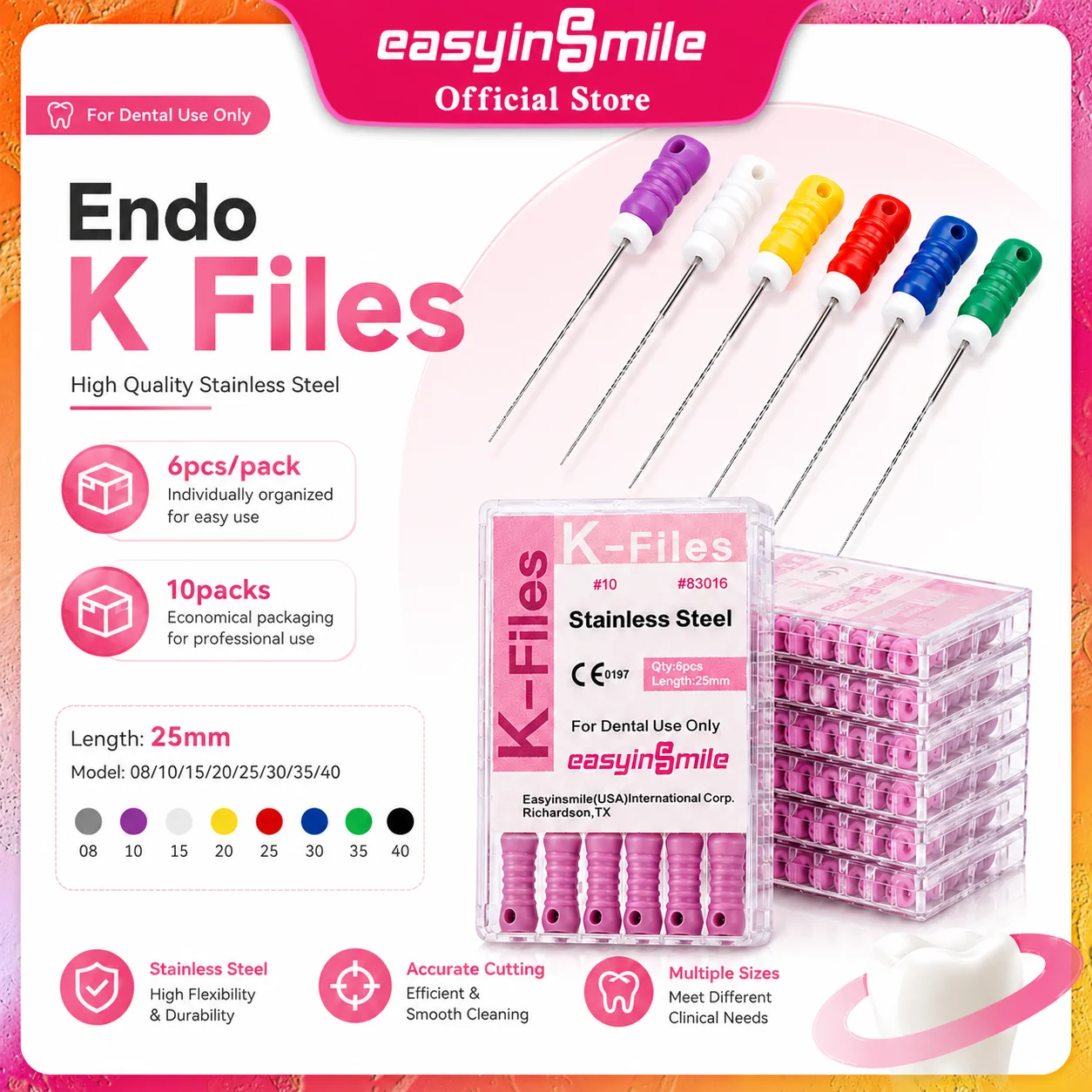 EASYINSMILE 10Pcs Dental K Files 25MM Stainless Steel Endodontic Root Canal Hand Use K-FILE #6-#80