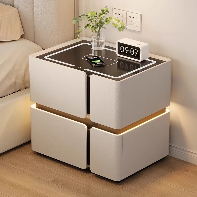 Solid wood bedside cabinet wireless charging bedroom simple modern bedside table with lamp rock slab model
