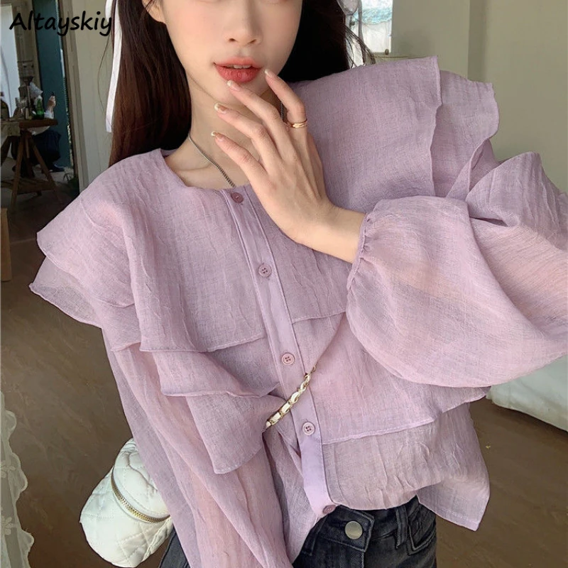 

Shirts Women Long Sleeve Loose Tiered Ruffles French Style Elegant Fairycore Holiday Solid Spring Sweet Ins Ulzzang Sun-proofed