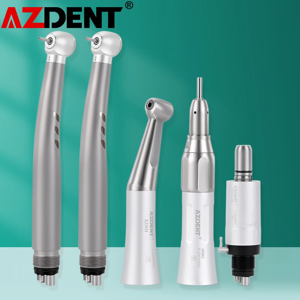 Azdent Dental High and Low Speed Handpiece Kit LED Standard High Speed Handpiece Push Putton 1:1 Contra Angle Air Motor Set