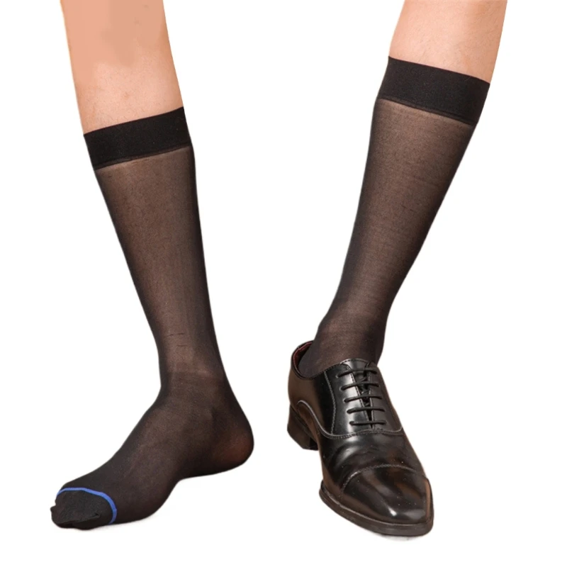 Mens Thin Dress Socks Silk Sheer Formal Business Socks Soft Nylon Over the Calf Suit Socks Blue Striped Long Stockings