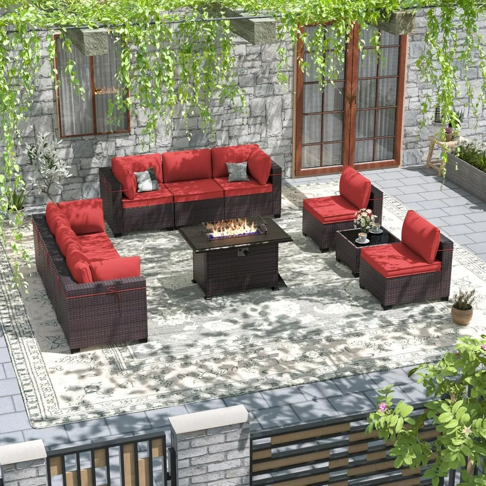 

10 Pieces Patio Furniture Set w/55,000 BTU Propane Fire Pit Rattan Wicker Sofa Set All Weather Couch Conversation Sets