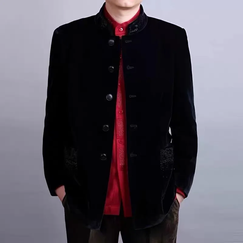 ハイエンドメンズ唐スーツジャケット中国風秋冬長袖カジュアルピュアカラーメンズアウターエスニック服