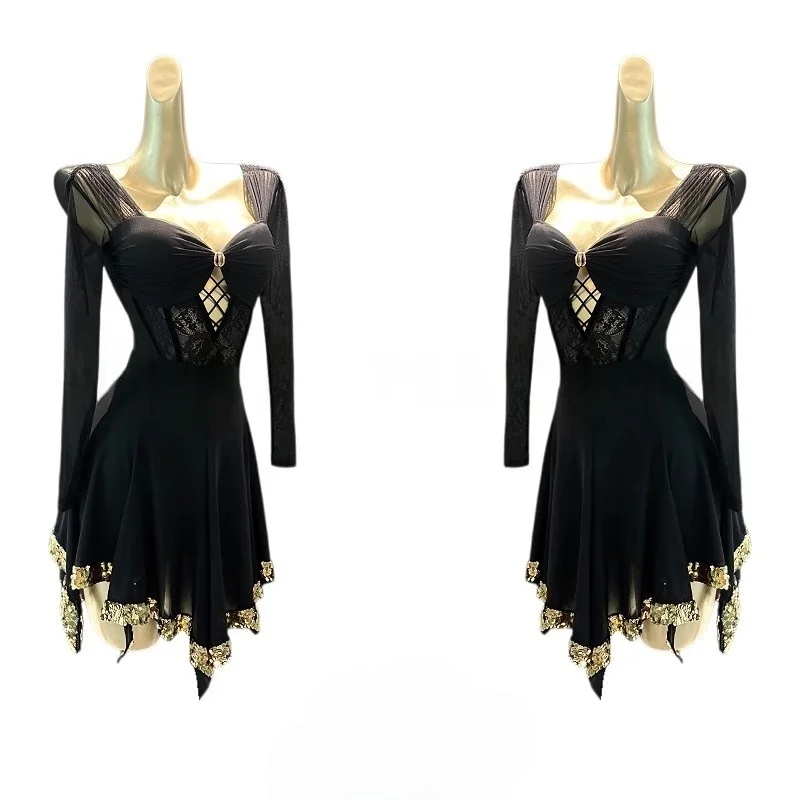 2025 ผู้หญิงละตินเต้นรําชุดเซ็กซี่ลูกไม้ตาข่ายแยกชุด Chacha Rumba ผู้ใหญ่ละตินเต้นรําเสื้อผ้า DN21155