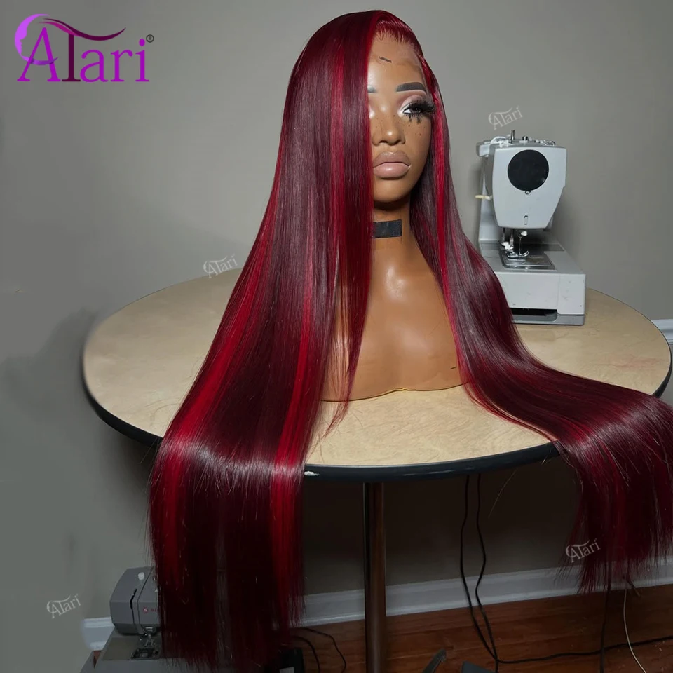 Peruca de Cabelo Humano Liso Borgonha com Destaques Vermelhos Transparentes, Pré-arrancada, com Frontal de Renda 13x6 e 13x4, Estilo Brasileiro