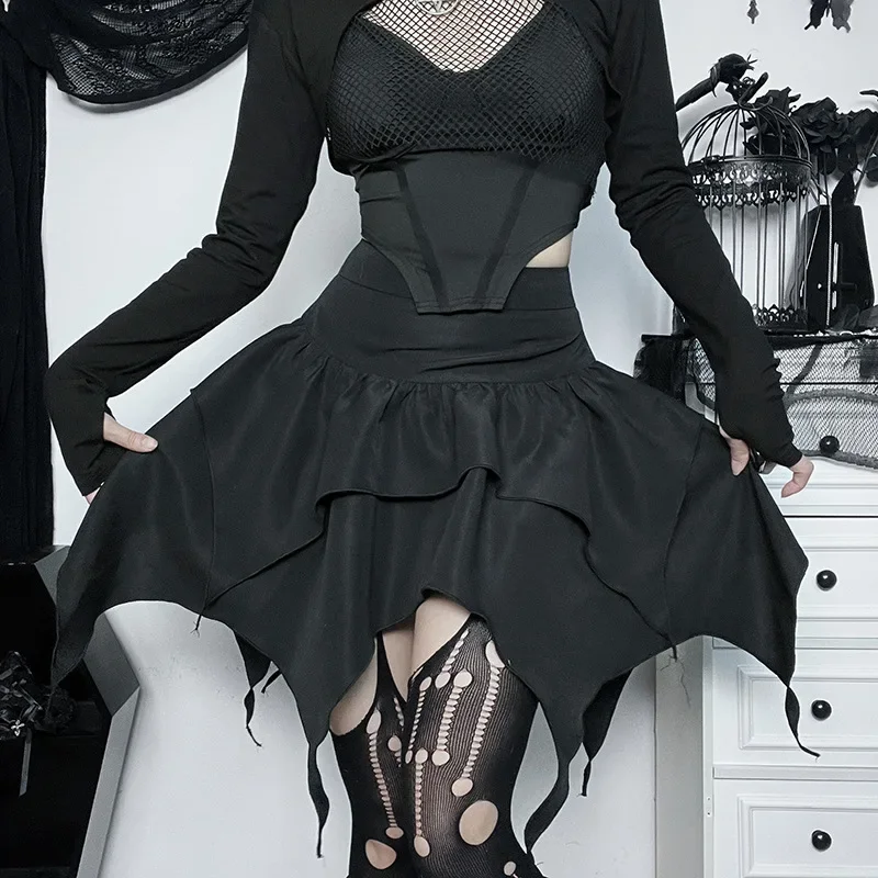 Gothic Punk Irregular Skirts New Sexy Women Solid Color Drawstring Tie-Up Ruched Ruffles Mini Skirt Summer Fashion Short Skirts