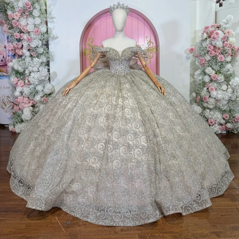 Champagne Shiny Quinceanera Dresses Ball Gown Off The Shoulder Sequin Applique Lace Beading Crystal Bow Tull Corset Party