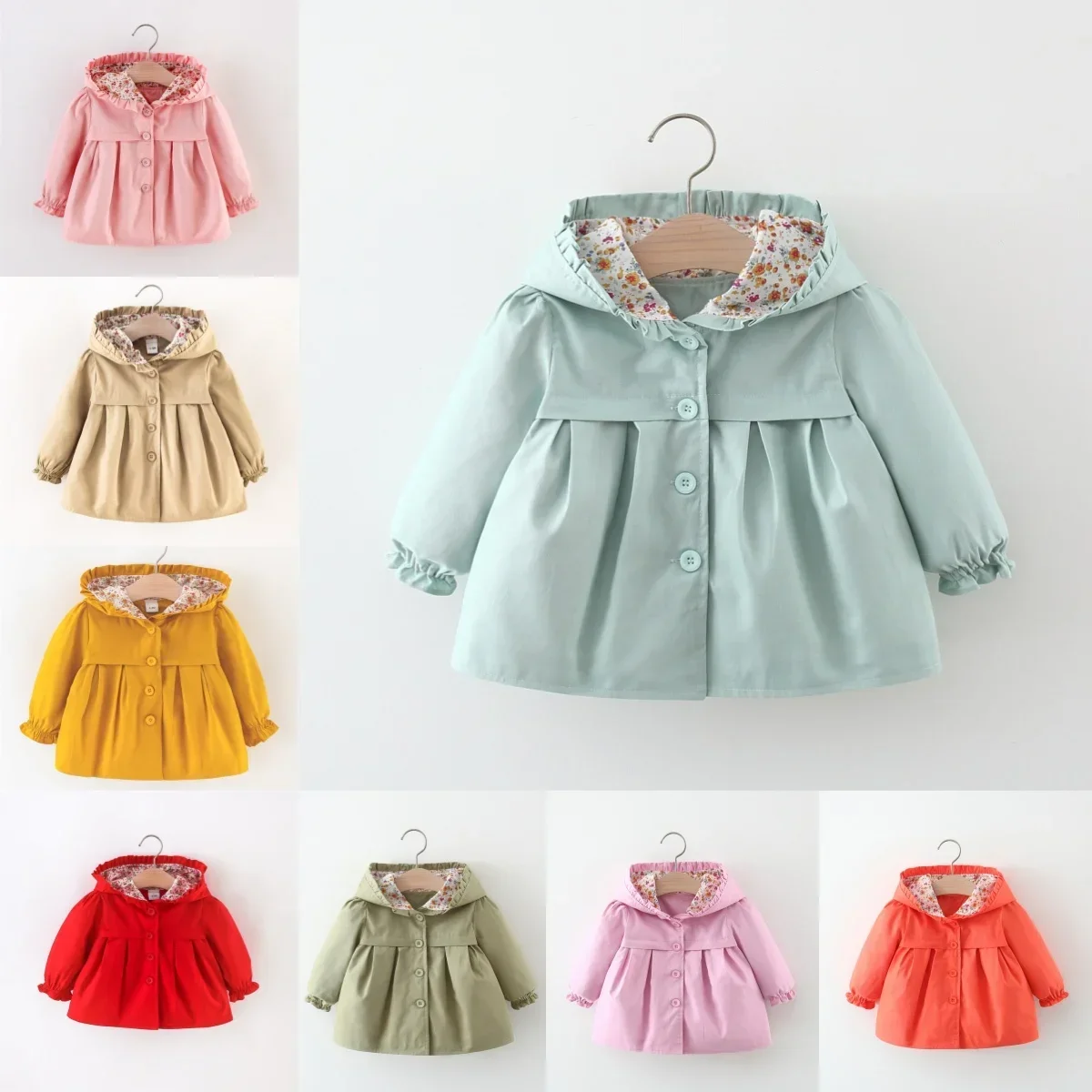 

0-24M Baby Girl Spring Autumn Solid Color Windbreaker - Simple Design Lightweight Coat
