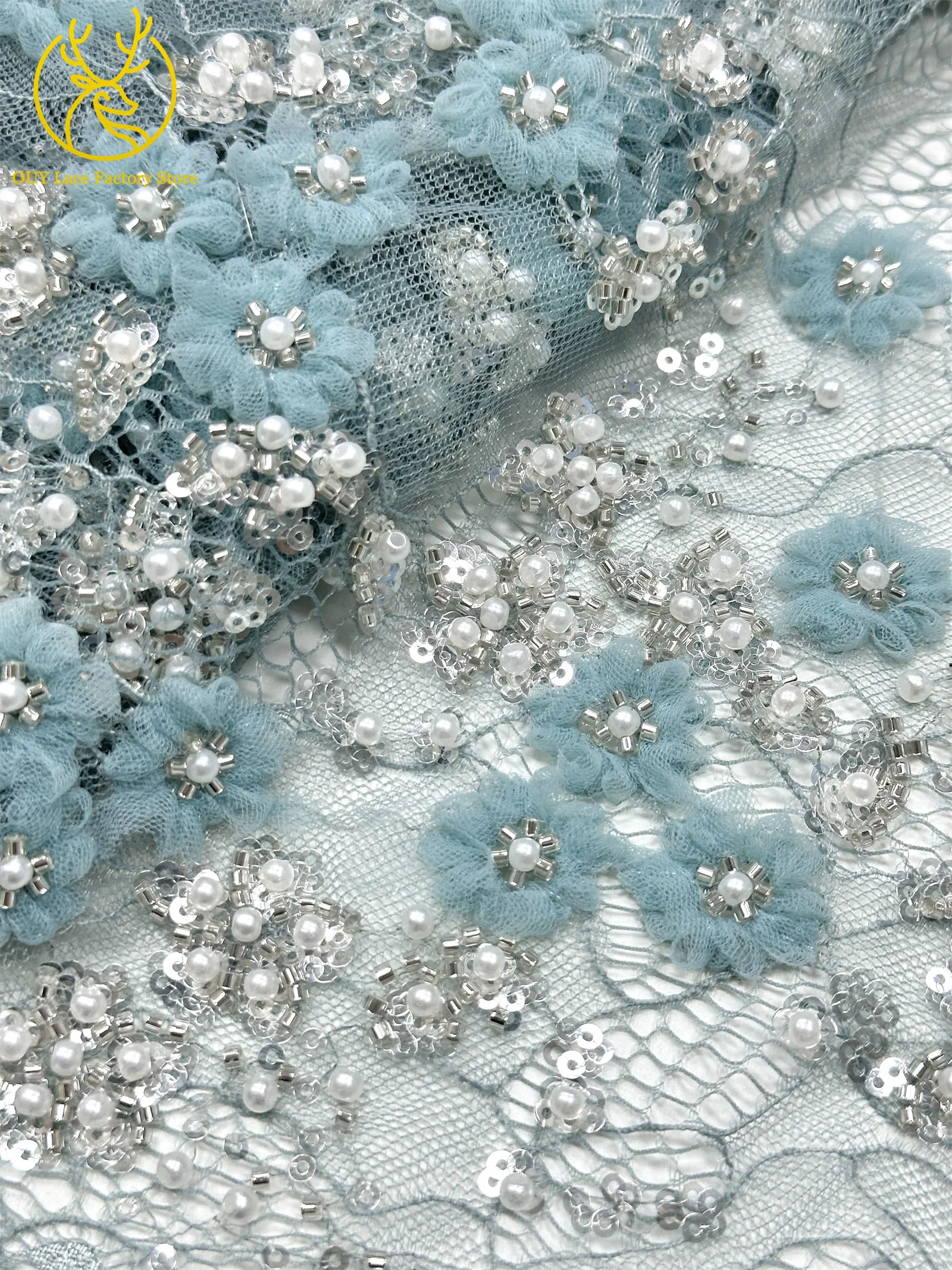 Französische Stickerei, kleiner Pflaumenblüten-Perlen-Spitzenstoff, exquisiter nigerianischer Perlen-Pailletten-Spitzenstoff für Hochzeitskleider zum Nähen – Detail 17