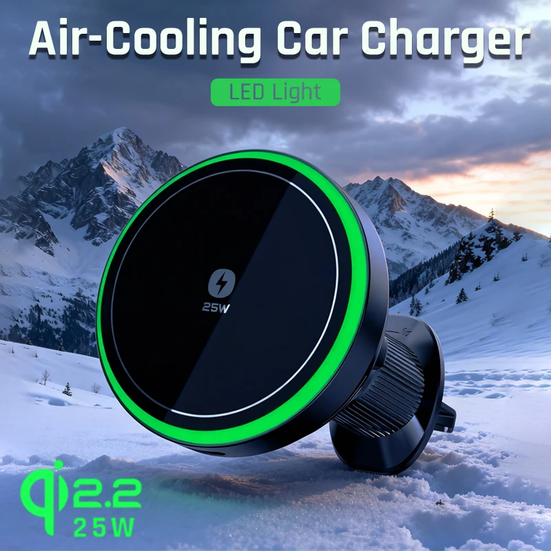 Qi2.2 25W Air-Cooling Car Wireless Charger LED Light Phone Stand Magnetic Fast Charging Station For Magsafe iPhone 17~12 Pro Max