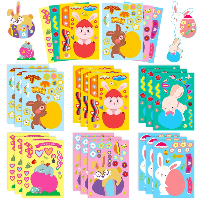 

6-24sheets Easter Stickers for Kids DIY Make Your Own Egg Bunny Stickers Children Classroom Craft Party Gifts Decorations Toys