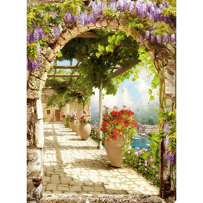 

Vintage Medieval Castle Backdrop Party Decor European Arch Stone Architecture Spring Garden Photography Background Photo Studio