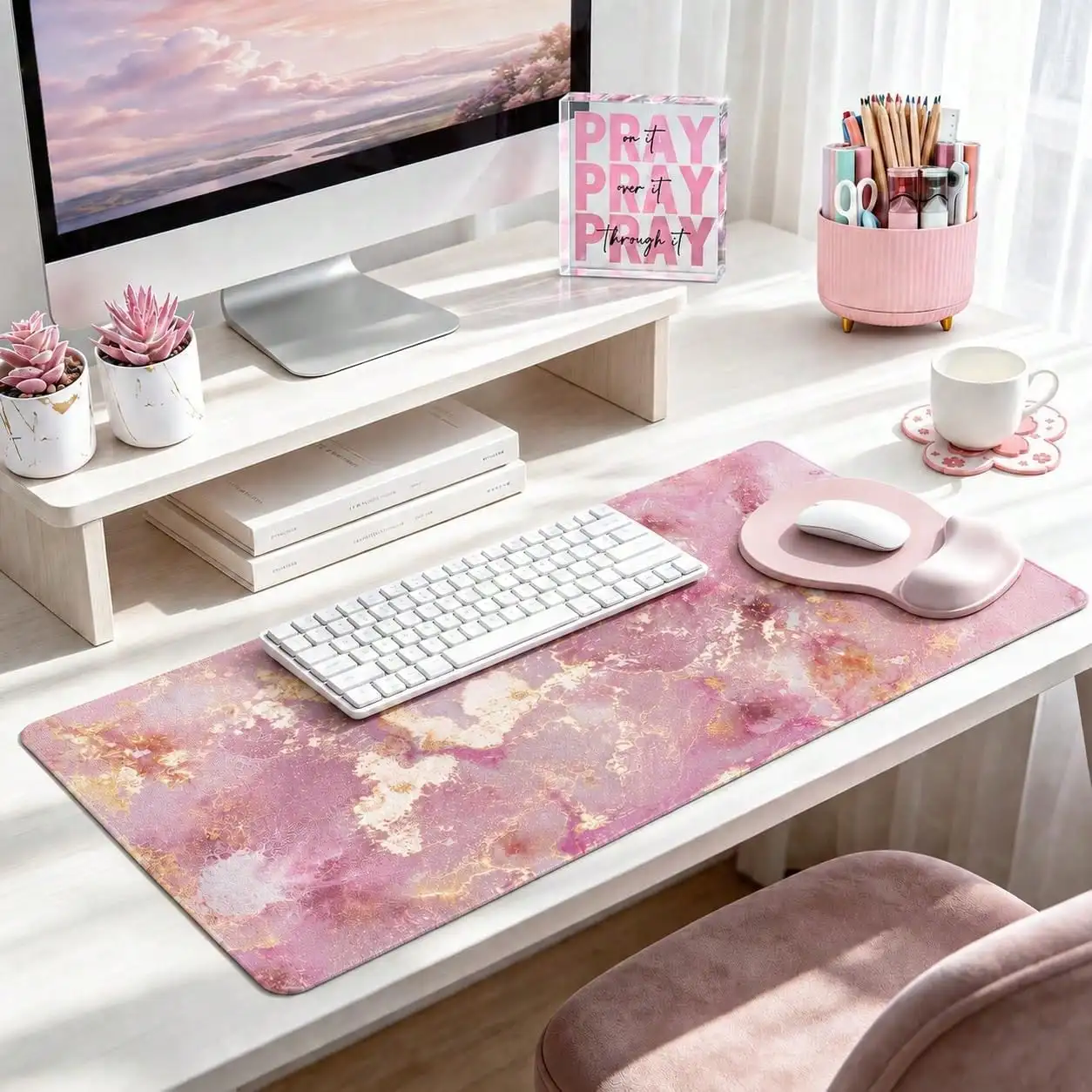 Desk Decor Set Of 7, Office Decor, Girly Desk Organizer And Accessories | Large Mouse Pad With Wrist Rest Set, Desk Accessories Decor, Office Supplies