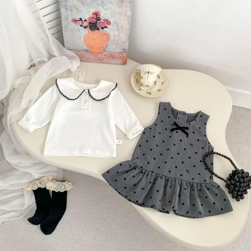 0-5 Years Girls Gray Bowknot Lotus Leaf Edge Dress And White Bottom Layer Shirt Suit Girl Fashion Polka Dot Vest Dress