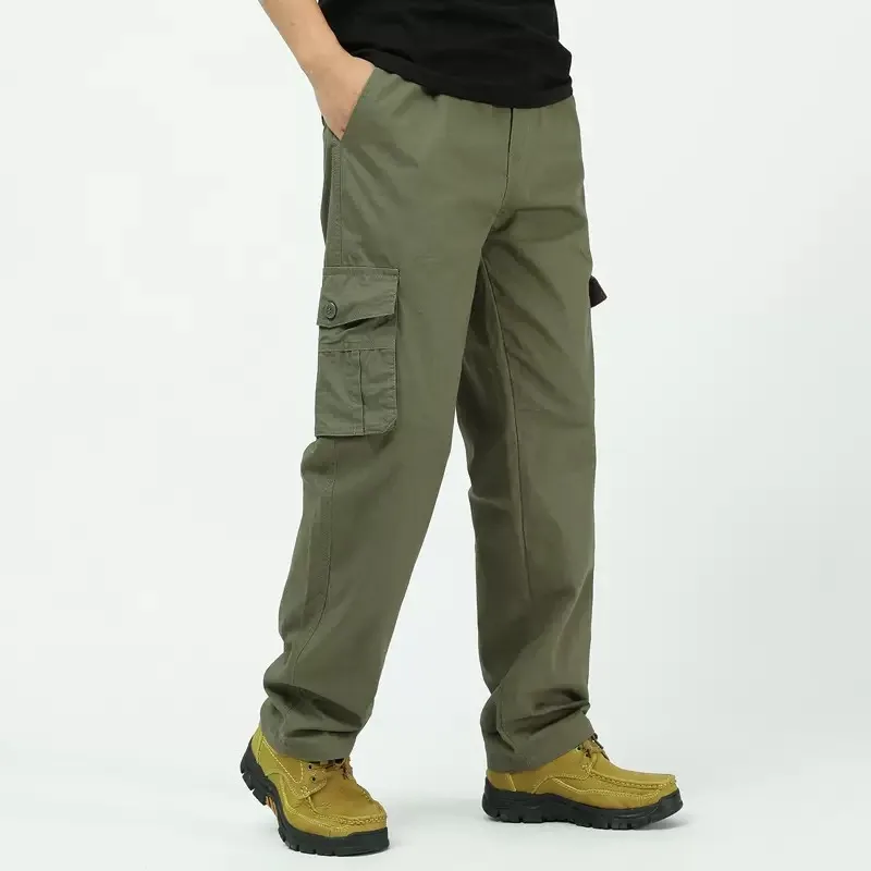 Spring and Autumn Fashion Trendy Pure Cotton Straight Leg Multi-pocket Cargo Pants Men's Casual Loose Sporty Plus Size Trousers