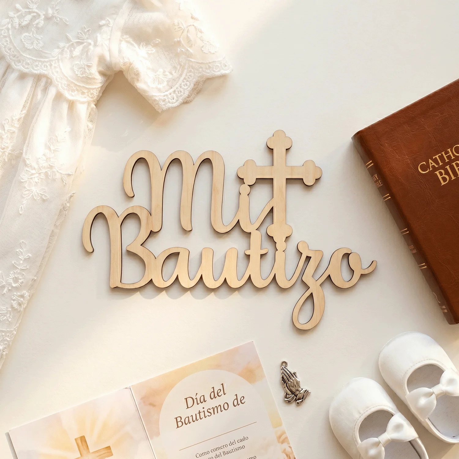 Mi Bautizo Sign with Cross|Spanish Baptism Decor|Laser Cut Wood Plaque for Christening Table Centerpiece