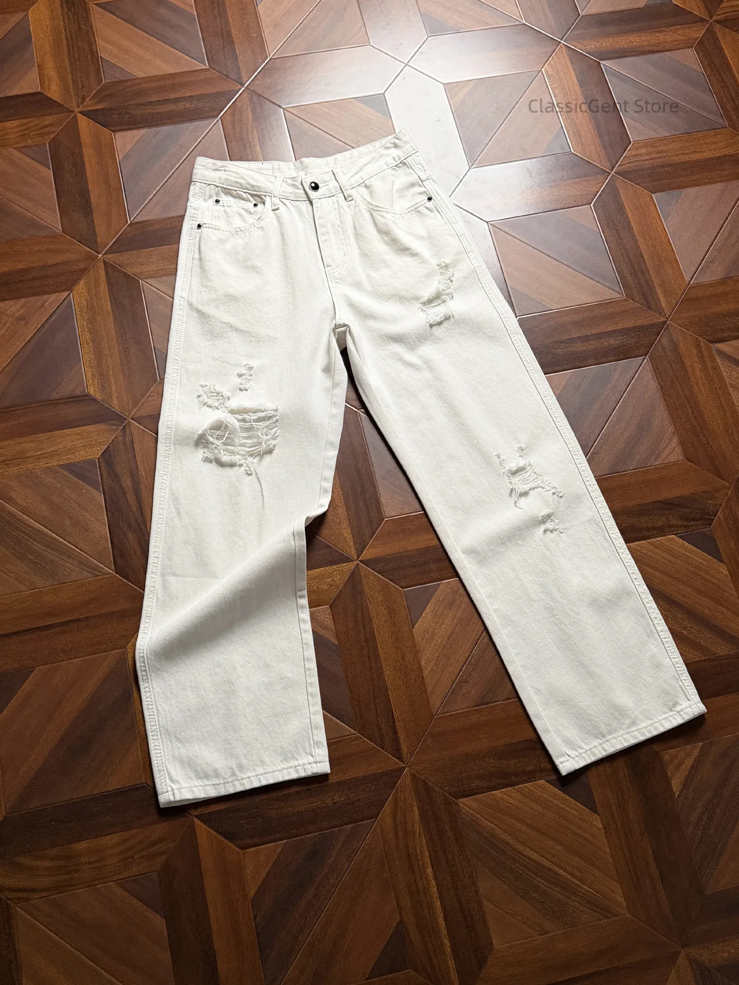 

Natural Destruction Texture Ripped Cotton 11oz White Jeans Casual Unruly Straight