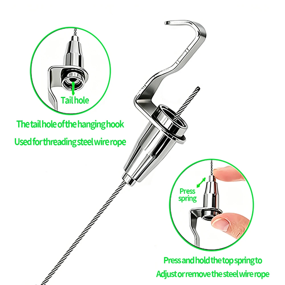 For 1-2mm Steel Wire Rope Adjustable Picture Hanging Hook Art Display Gallery Frame Wire Rope Rail Hook 30 Kg Max Load Capacity