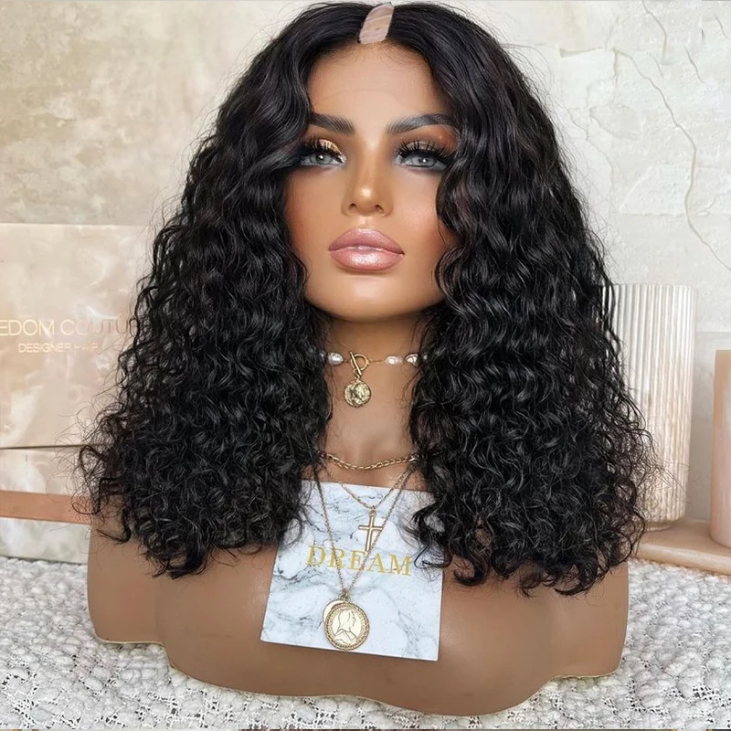 

Super Black Glueless Water Wave Wig V Part Wig 4A 4c 100% Human Hair Brazilian Full U Shape Wigs No Leave Out High 250% Density