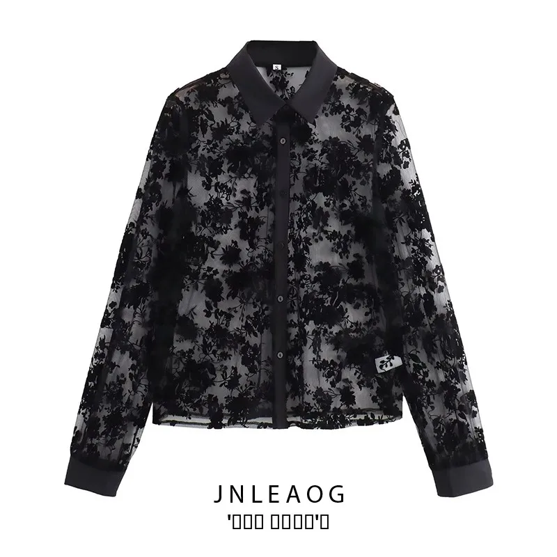 

JNLEAOG Women's Fashionable Long Sleeve Shirt See-through Loose Design Autumn New Style Breathable Thin Polyester Ladies' Shirt