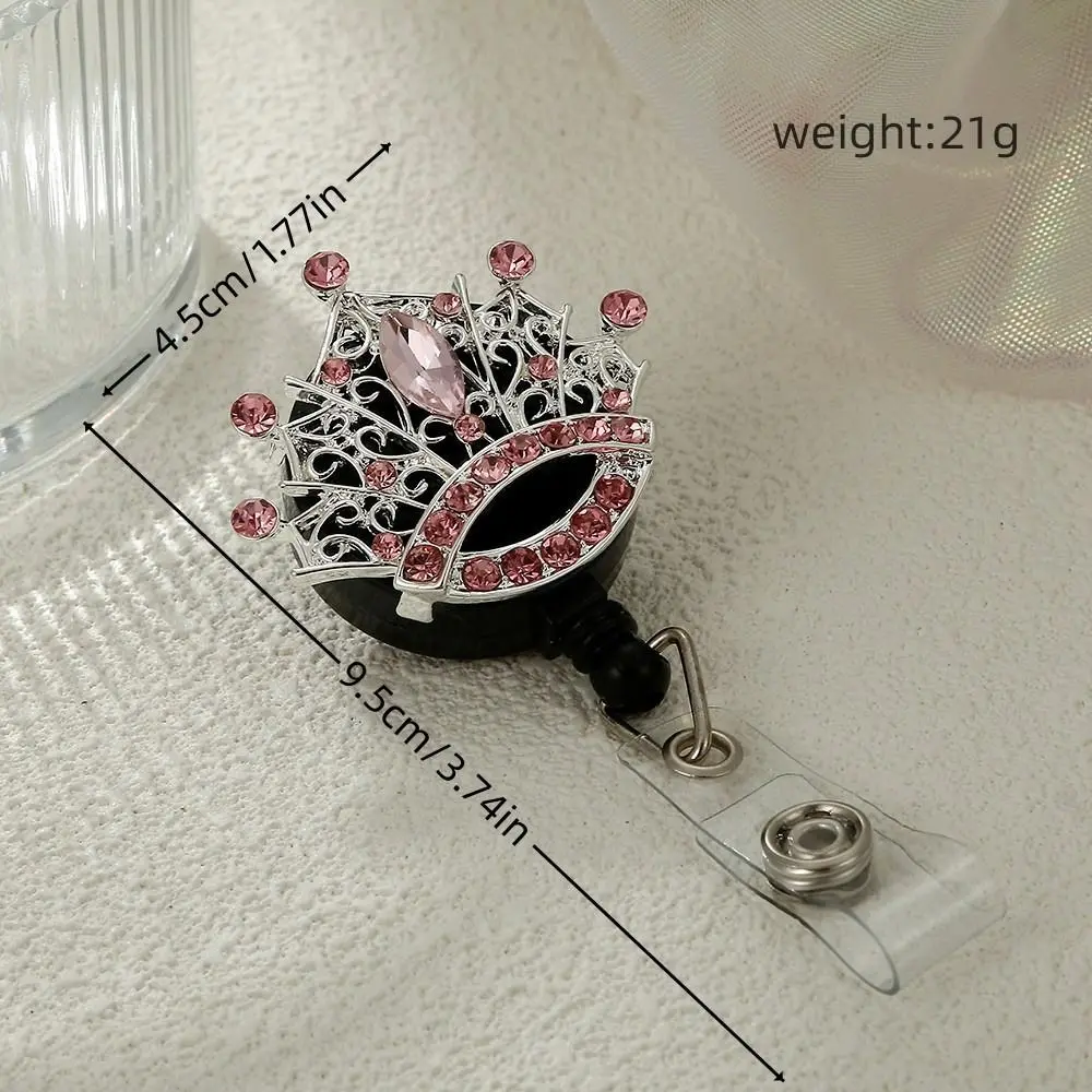 Rhinestone Crown Badge Reel Rotation Diamond ID Card Holder Easy-pull Name Card Retractable Badge Holder Office Accessories