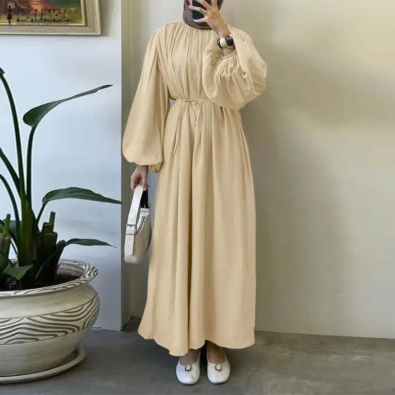 

ZANZEA Fashion Women Long Lantern Sleeve Muslim Dress Abaya Solid O Neck Sundress Elegant Loose Ramadan Robe Casual Kaftan 2026