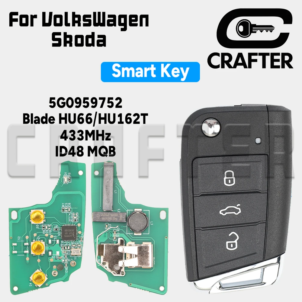 Key Crafters 5G0959752 ID48 MQB 433MHz Blade HU66/HU162T Keyless Go Car Remote Key For VW Golf 7 MK7 Tiguan Polo Polo Skoda