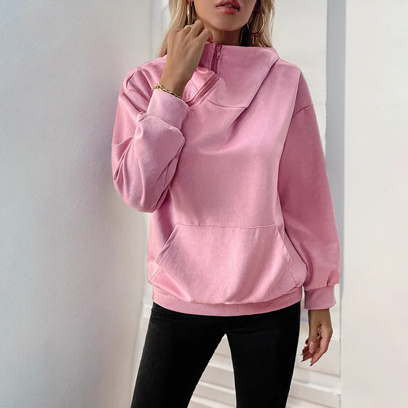 Women's Pink V-Neck Long-Sleeved Hooded Sweatshirt Casual Autumn Winter European American Style Valentine's Day Theme