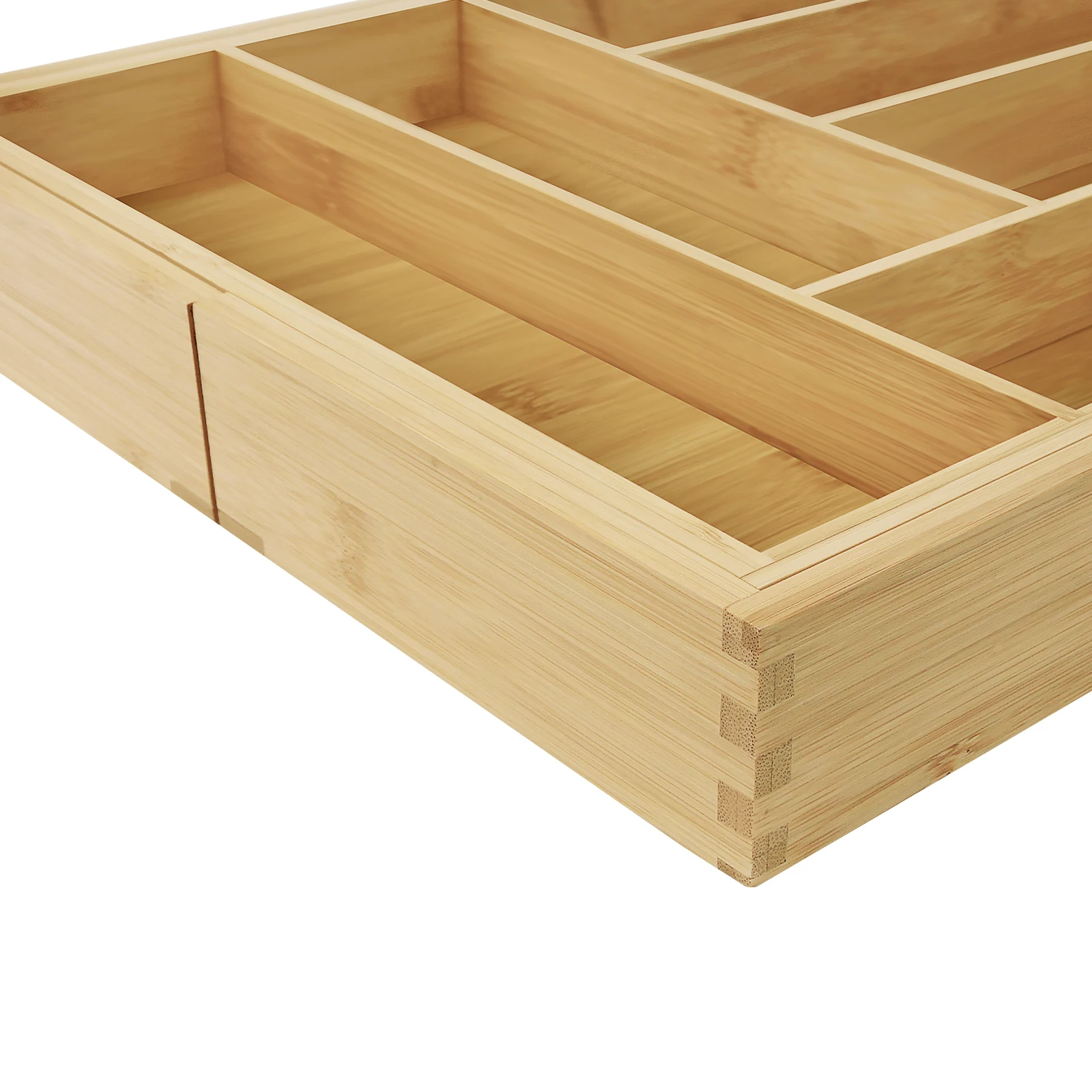 Bambus-Besteckkasten, erweiterbar von 32 x 43 cm auf 52 x 43 cm, 5 cm Tiefe, 6 bis 8 separate Fächer für Küche, Schlafzimmer, Büro – Detail 14
