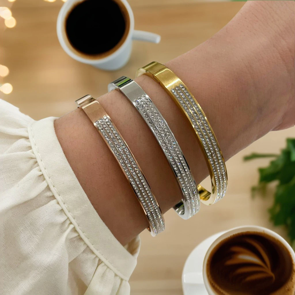Peri\'sbox Exquisite Shiny Triple Layered Zircon Bangle for Women Minimalist Gold Plated Waterproof Bracelet Fashion Jewelry Gift