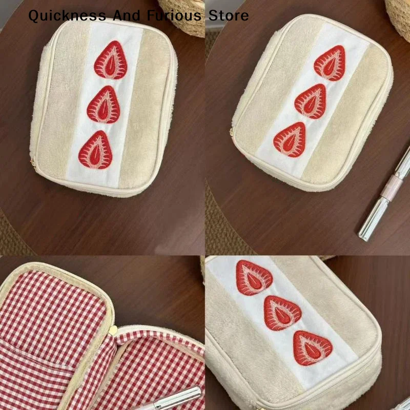 Cute Embroidered Strawberry Pencil Case Portable School Stationery Pen Box Multi Functional Large Capacity Makeup Storage Bag