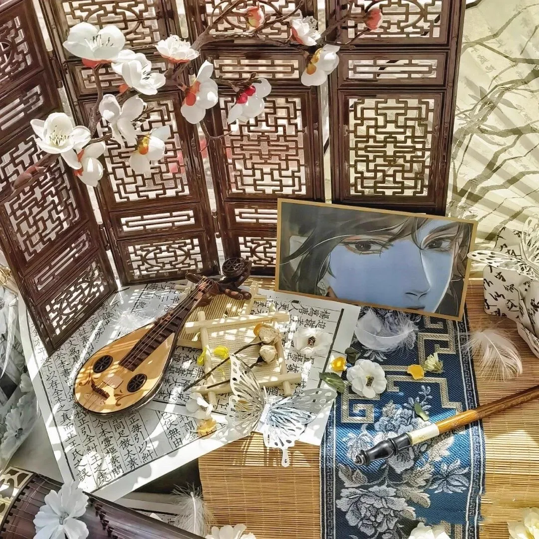 شاشة صينية عتيقة قابلة للطي، دعائم تصوير Guzheng Pipa، ديكور سطح المكتب، خلفية كشك الصور على الطراز الشرقي #2