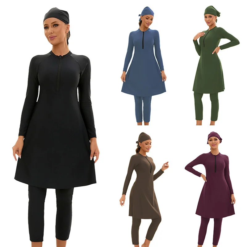 Muslim Burkini Modest Swimsuit for Women 3 Pieces Long Sleeve Front Zip Full Coverage Quick Dry Islamic Swimwear with Swim Cap