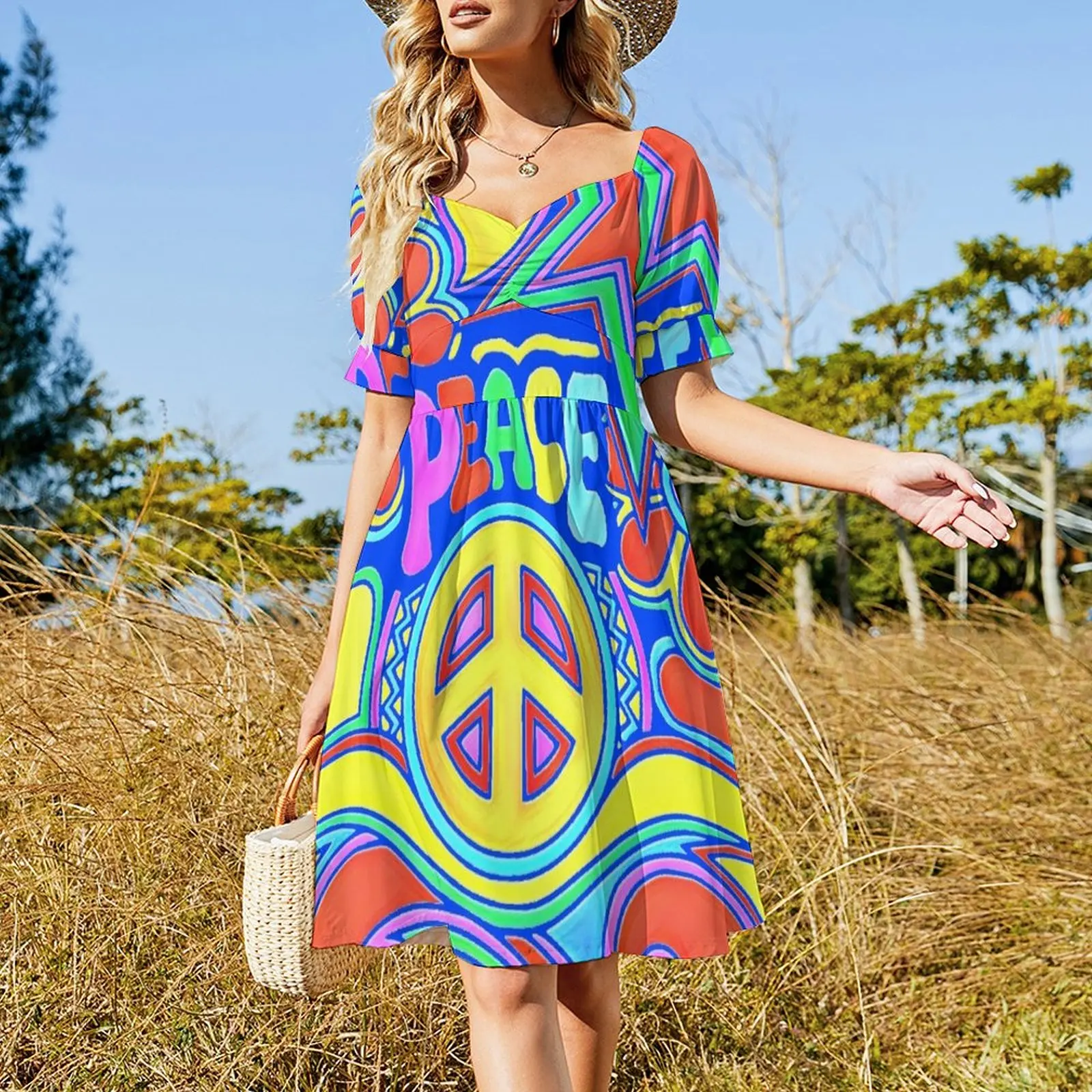 Peace and love Flower Power Hippy Design Short Sleeved Dress women's fashion dresses women's elegant loose dresses Dress