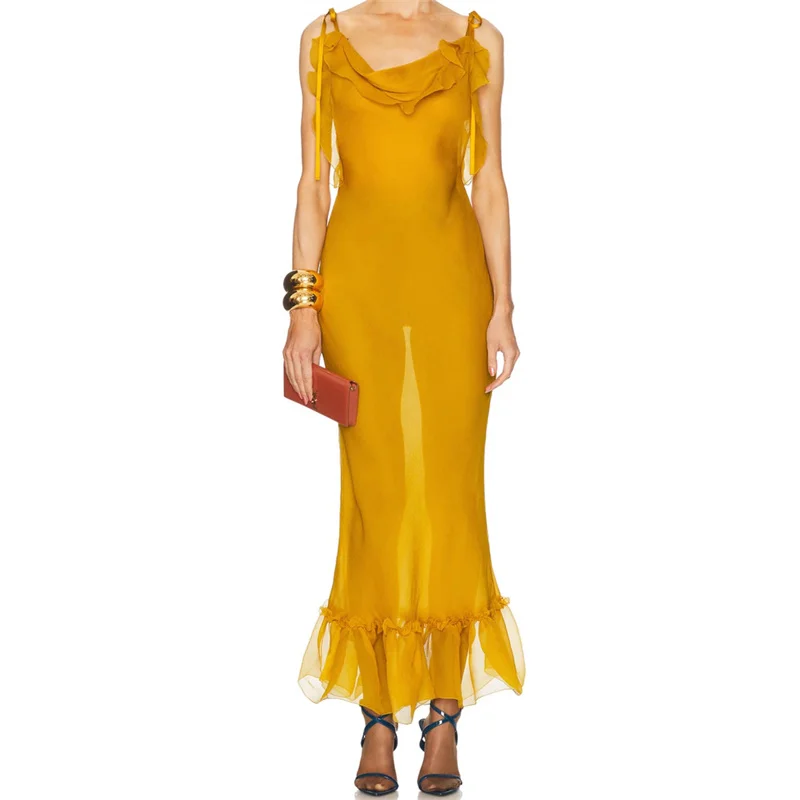 

Women's dress New asymmetrical slim fit suspender long dresses for summer 2025 Sexy off shoulder sleeveless dress party dresses