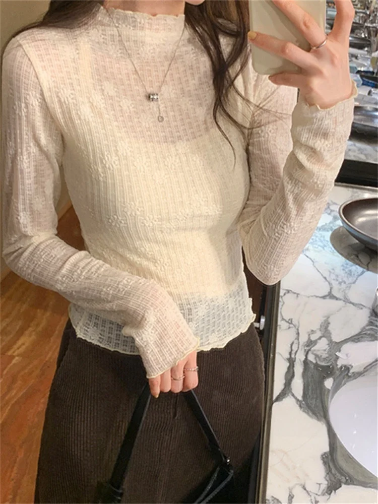 

Lace Base Layer irt Women's Small Fraance Sle Inner Wear Autumn Winter New White f High Collar Wooden Sensation...