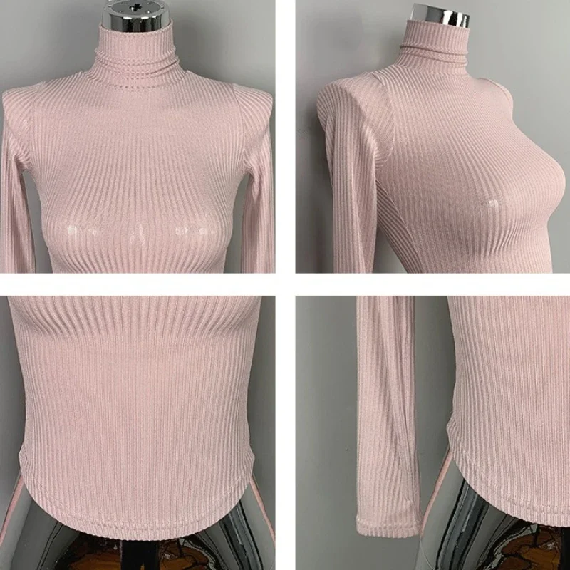 Damska dopasowana koszulka z golfem, prążkowana, z długim rękawem, koreańska, uniwersalna, prosta baza pod ubrania, seksowne krótkie topy.