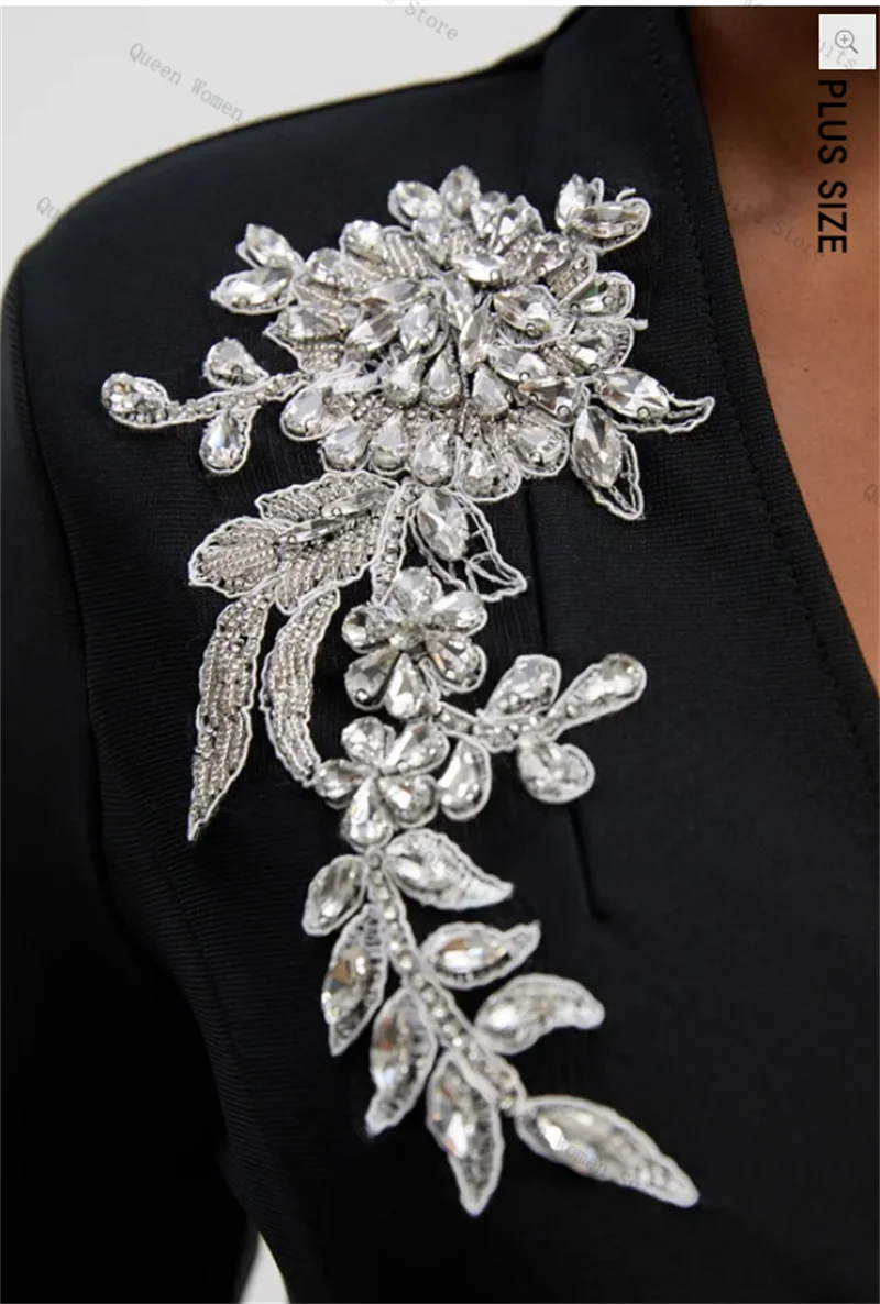 Black Cotton Women Suit 1 Piece Beaded Long Blazer Prom Dress Formal Office Lady Jacket Wedding Guest Coat Customized