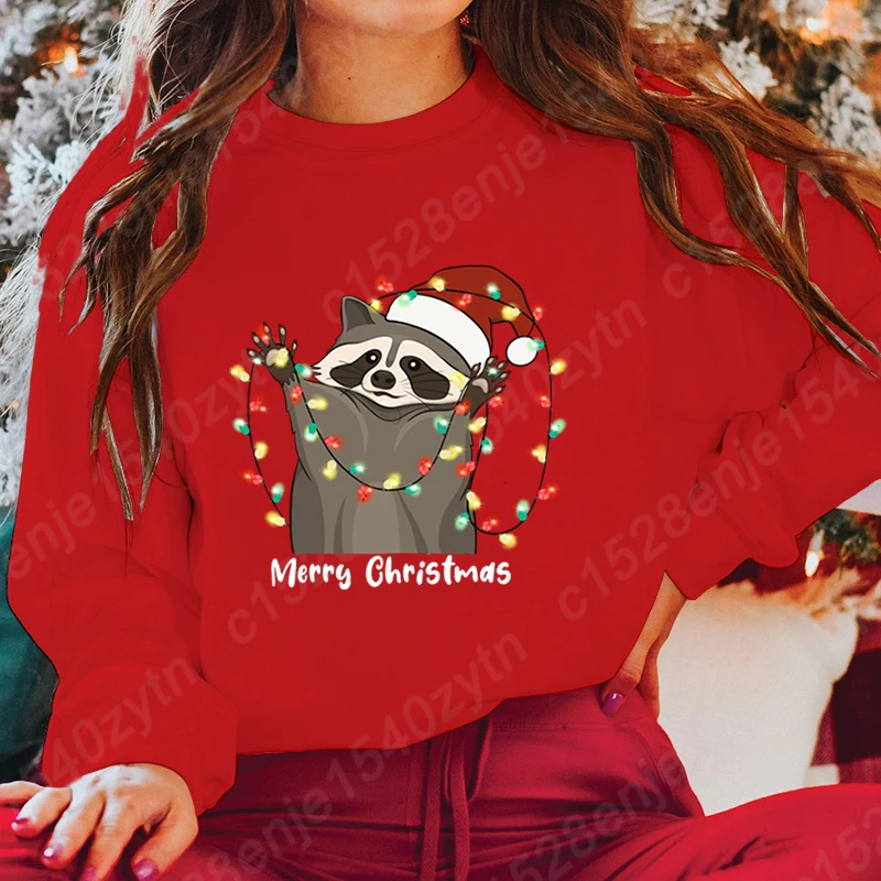 Christmas Light Racoon Merry Christmas Print Pullovers Women Autumn Winter Tops Ladies Creative Personalized Hoodless Sweatshirt