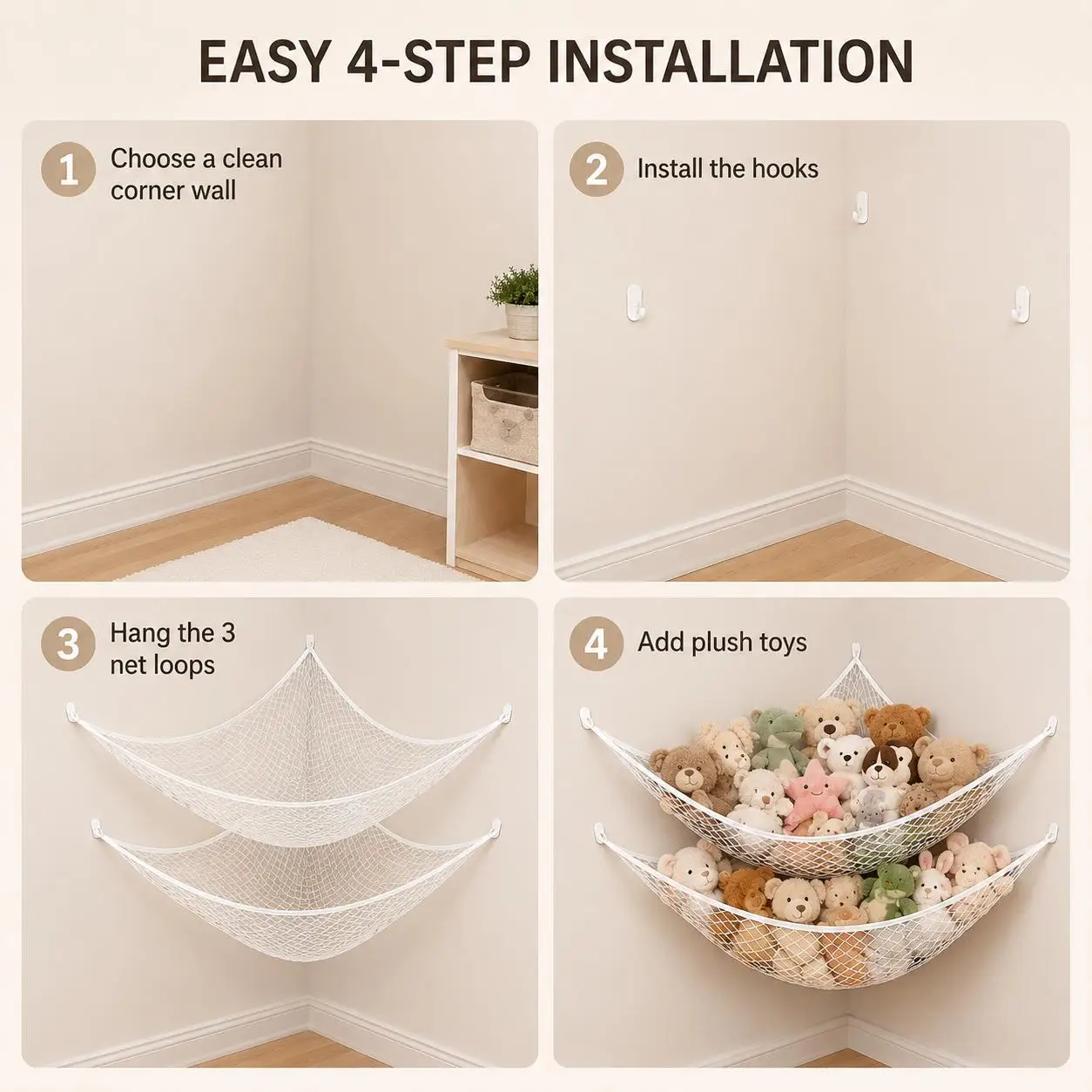 Mesh Toy Storage Hammock Hanging Stuffed Animal Organizer Net Large Space-Saving Wall Corner Holder Hollow-Out Room Decor for Kids Bedroom Nursery Playroom Easy Install Plush Toys Display view 2