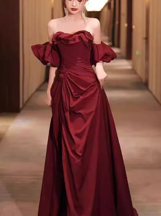 

Red Satin Evening Dr One oulder Bridal Simple Engagement Wedding Reception Banquet Dr Korean Sle A-Line Skirt