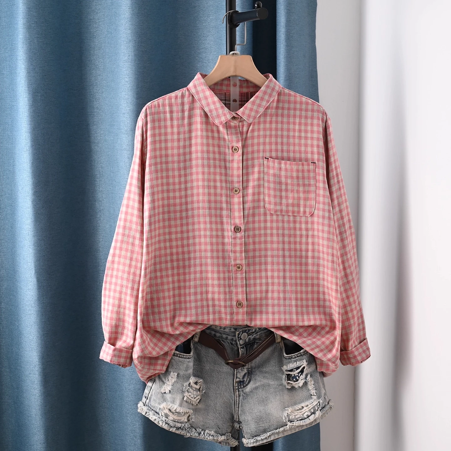 Enianechu Bust 114cm Fall Clothes 100% Cotton Yarn Black Pink Coffee Check Shirts Casual Vintage Soft Thick Women's Plaid Shirts